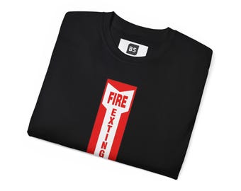 Fire Extinguisher Down Arrow Tee | Safety Sign Graphic, Red Vertical Design