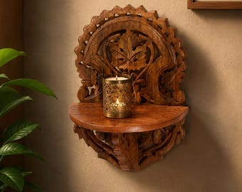 Handgeschnitztes Wandregal aus Holz | Rustikale Wanddekoration | Handgefertigte Wandleuchte | Dekoratives Wandregal | Einzigartiges Geschenk