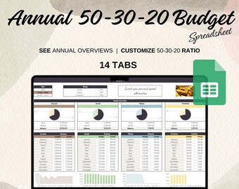 Annual Budget Google Sheets Spreadsheet Monthly Weekly Biweekly Tracker Bill Calendar Savings and Debt Tracker 50/30/20 Profit and Loss