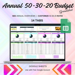 Annual Budget Google Sheets Spreadsheet Monthly Weekly Biweekly Tracker Bill Calendar Savings and Debt Tracker 50/30/20 Profit and Loss