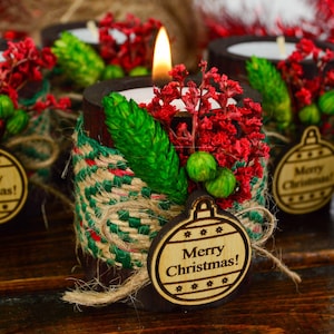 Cadeaux de Noël artisanaux pour collègues, bougies personnalisées, support en bois, bougie de joyeuses fêtes, bougie unique, cadeaux de Noël Boho