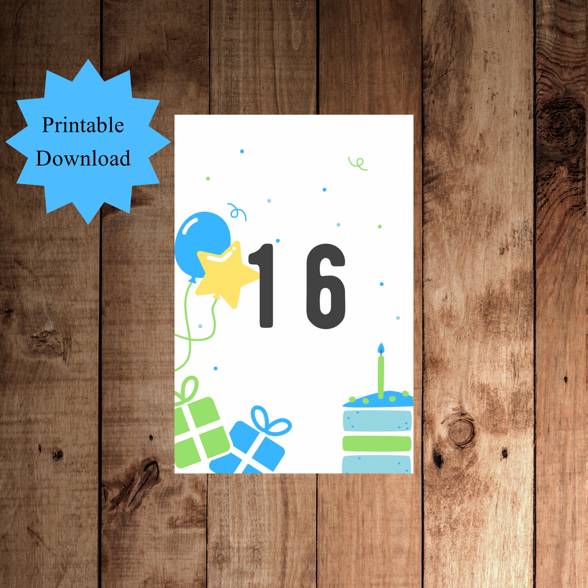 Happy Birthday Card - DIGITAL Download - Printable Birthday Card 16th ...