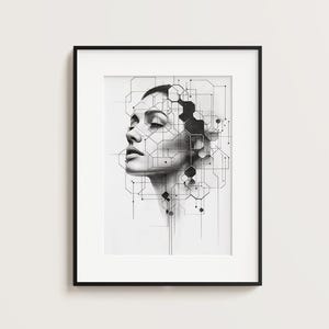May include: A framed art print displaying a grayscale portrait of a woman's profile. The artwork incorporates geometric line patterns over the face and neck, creating a modern, tech-inspired aesthetic. The print is set within a black frame.