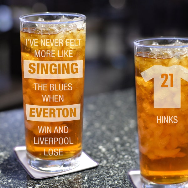 Personalised Everton Style Glass, Football FC Gift, Engrave Name & Number, Song Lyrics HiBall Glass, Coaster, Everton Fan Birthday Gift