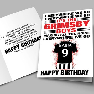Personalised Grimsby Town Style Birthday Card, Personalise Name & Number, 25/26 Shirt, Fan Song Lyrics, FC Gift, Dad, Daughter, Son, Husband