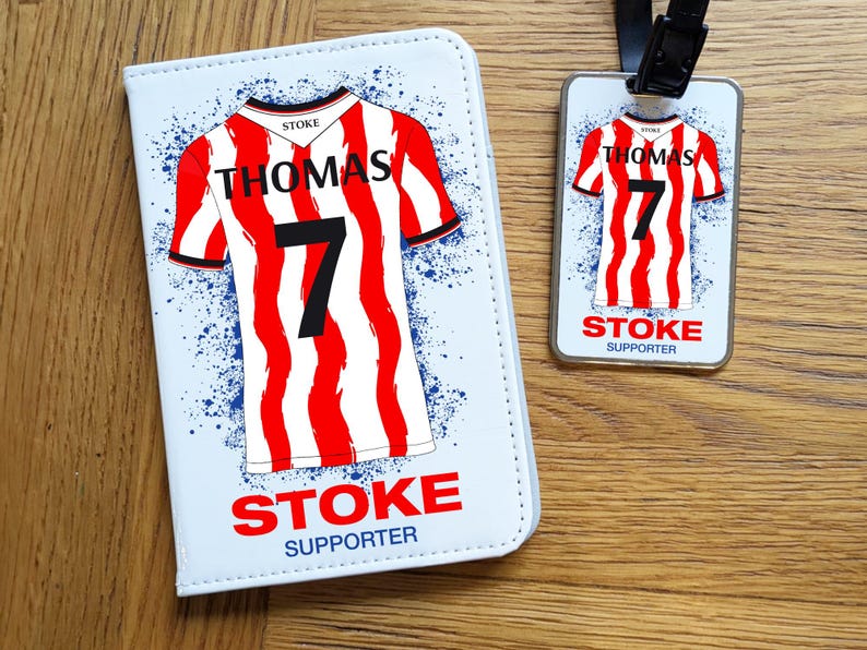 Personalised Stoke City Style Passport Holder + Luggage Tag, Personalise Name & Number, 25/26 Shirt, FC Gift, Travel Set, FC Passport Cover Holder & Tag Set