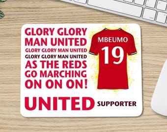 Personalised Manchester United Style Mouse Mat, Personalise Name & Number, 25/26 Shirt, Man Utd Fan Song Lyrics, FC Gift, Desk Pad, Son, Dad