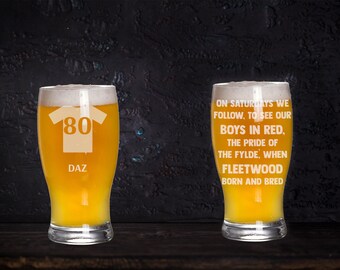 Personalised Fleetwood Town Style Pint Glass, Football FC Pint Gift, Engrave Name & Number, Song Lyrics Glass, Coaster, Fleetwood Town Fan