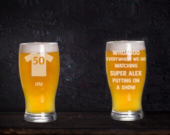 Personalised Crewe Alexandra Style Pint Glass, Football FC Pint Gift, Engrave Name & Number, Song Lyrics Glass, Coaster, Crewe Fan Gift