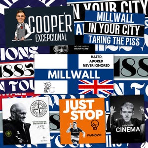 May include: A collection of graphics and text, predominantly in blue and white, with a few orange and black elements. The designs include cartoon illustrations, the Union Jack, and the text "MILLWALL" and "COOPER EXCEPCIONAL". Other text includes "HATED ADORED NEVER IGNORED".