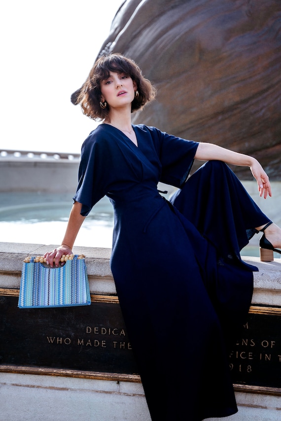 Linen/cotton Blend Wrap Dress in Midnight Navy