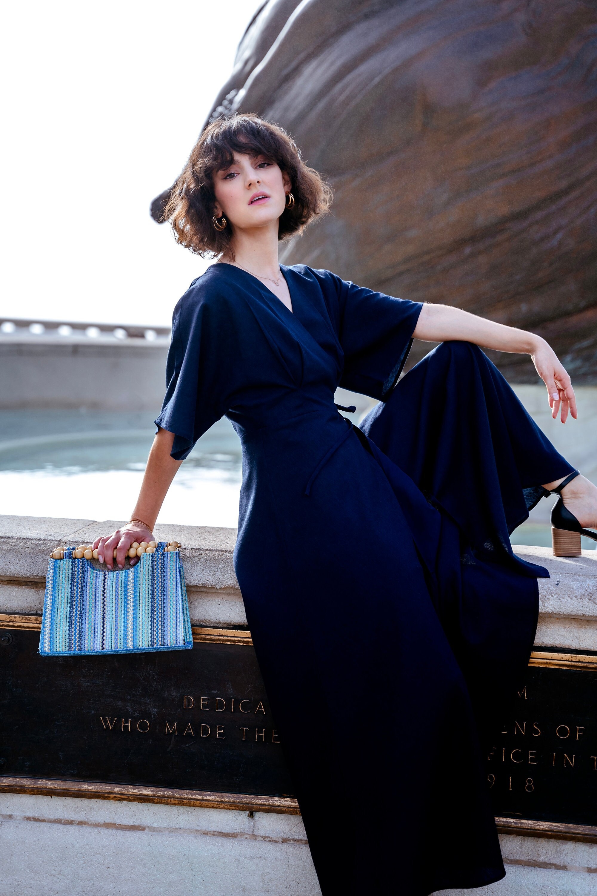 navy linen wrap dress Navy Linen Midi Shirt Dress with Wrap Tie Waist for Elegant Comfort C3923 Navy / XS