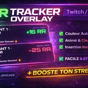 Może przedstawiać: Cyfrowa nakładka dla platform streamingowych Twitch i OBS. Projekt charakteryzuje się neonowo-zieloną i fioletową kolorystyką z tekstem "RR TRACKER OVERLAY" i statystykami gry. Zawiera funkcje takie jak automatyczny kolor.