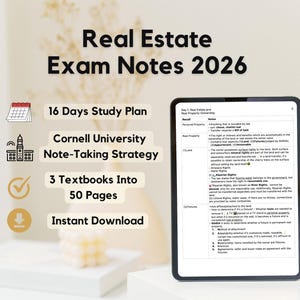 May include: Real Estate Exam Notes 2026 digital study guide featuring a 16-day study plan, Cornell University note-taking strategy, and 50 pages of content condensed from three textbooks. The tablet displays a page on Real Property Ownership.