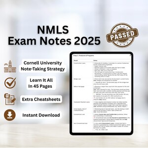 Studio dell'esame NMLS con appunti in stile Cornell in 45 pagine / Foglio di riassunti per l'esame Mortgage Loan Officer / Guida allo studio dell'esame SAFE MLO