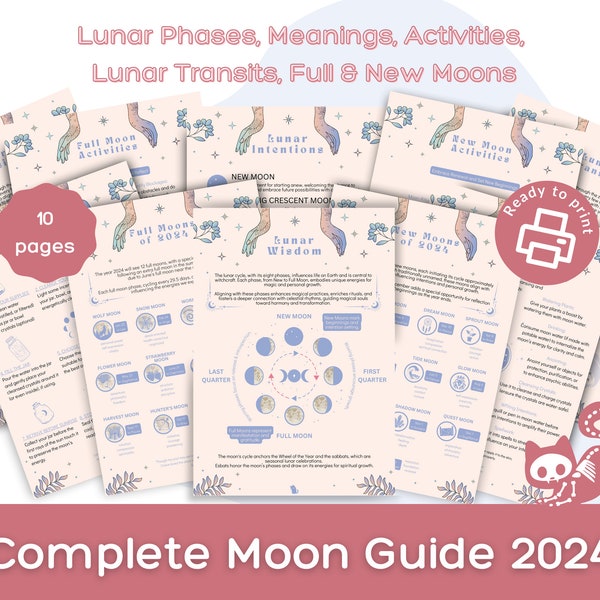 2024 Moon Phase Guide Printable - Detailed Lunar & Zodiac Influence  - Full and New Moon Phases with Activities - Instant Digital Download