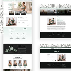 May include: A website design layout featuring a home page, about page, and contact page. The pages display yoga-themed imagery, text headers like 'Mindful Wellness Journey', 'Navigating Your Inner Peace', 'About Us', and 'Contact Us', and navigation menus.