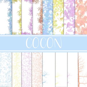 Peut inclure: Une collection de papiers numériques avec divers motifs aquarelles et botaniques. Les papiers présentent une gamme de couleurs, dont le bleu, le jaune, le violet et l'orange. Le mot "COCON" est écrit en script blanc sur une bannière bleu clair.