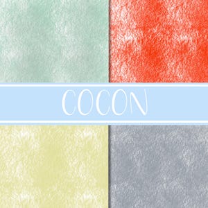 Peut inclure: Une œuvre d'art numérique présentant quatre carrés texturés aux couleurs pastel : vert menthe, rouge corail, jaune pâle et gris. Le mot "COCON" est affiché en écriture blanche sur une bannière bleu clair.