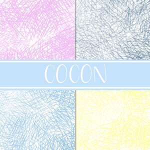 Peut inclure: Quatre motifs abstraits avec une texture griffonnée en rose, gris, bleu et jaune. Le mot "COCON" est affiché en blanc, centré sur une bannière bleu clair.