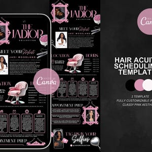 May include: A black and pink hair acuity scheduling template with the text "THE JADIOR COLLECTION". The template includes information about the stylist, location, hours, and policies. The design is fully customisable in Canva.