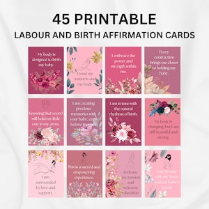45 cartes d'affirmations de naissance imprimables Natural Labor Affirmations positives, soulagement du stress, mantra d'affirmation positive de naissance, cartes Doula