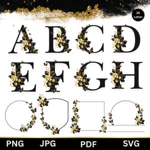 Black Gold Floral Letter svg/Png Split Monogram SVG Floral Monogram SVG Bundle Monogram Letter Bundle Flourish Alphabet Clipart Alphabet Svg