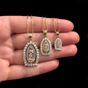 10k Real Gold Tricolor Cubic Zirconia Guadalupe Pendant Charm Medallion for Men, Women and Kids Gift, Virgin Mary Gold Medals
