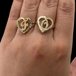 10k Gold Heart Inital Ring, Diamond Cut Personalized Letter Ring, Monogram Initial Heart Ring, Ladies Heart Name Ring, Personalized Gift