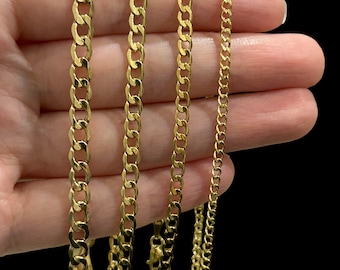 May include: Four gold chains of different lengths and thicknesses.