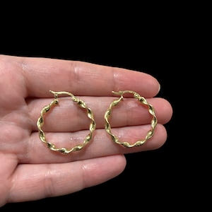 14K Real Gold Twist Hoop Earrings, Ladies Diamond Cut Twist Hoops, Women’s Gold Hoop Earrings