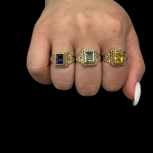 10k Real Gold Birthstone Rings, Ladies Gold Princess Color Rings, Blue Sapphire, Emerald, Aquamarine, Amethyst, Peridot, Citrine, Blue Topaz