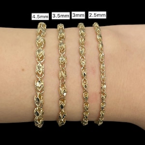 May include: Four gold-colored bracelets with varying chain link designs are displayed. The bracelets are labeled with their widths: 4.5mm, 3.5mm, 3mm, and 2.5mm. The bracelets are shown on a wrist against a black background.