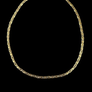 Pu&ograve; includere: Una collana color oro con un delicato design a catena. La collana &egrave; esposta su uno sfondo nero, evidenziando il suo aspetto lucido e metallico. La chiusura &egrave; visibile in alto.