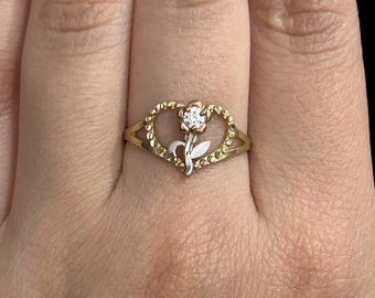 10k äkta guld blomma kubisk zirkonia hjärtring, damer tricolor hjärtring, kärleksring för henne, löfte ring, vänskapsring, present till henne