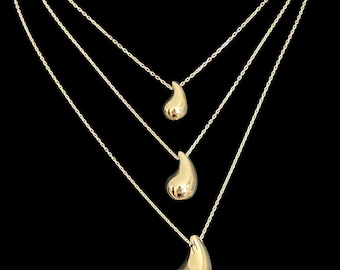 14K Real Gold Teardrop Stud Necklace, Ladies Chunky Waterdrop Necklace, Vintage Gold Drop Chain Necklaces