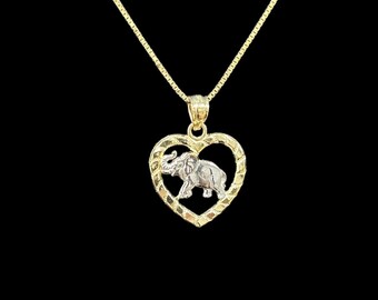 10k Echtgold Elefant im Herzcharme Medaillon Anhänger, Damen Gold Baby Elefant Halskette, zweifarbiger Herz Glück Elefant Anhänger, Geschenk