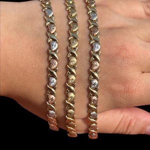 10k Real Gold Hugs and Kisses Stampato Bracelet, Ladies Gold Heart Stampato Bracelet, Tricolor Heart Bracelet