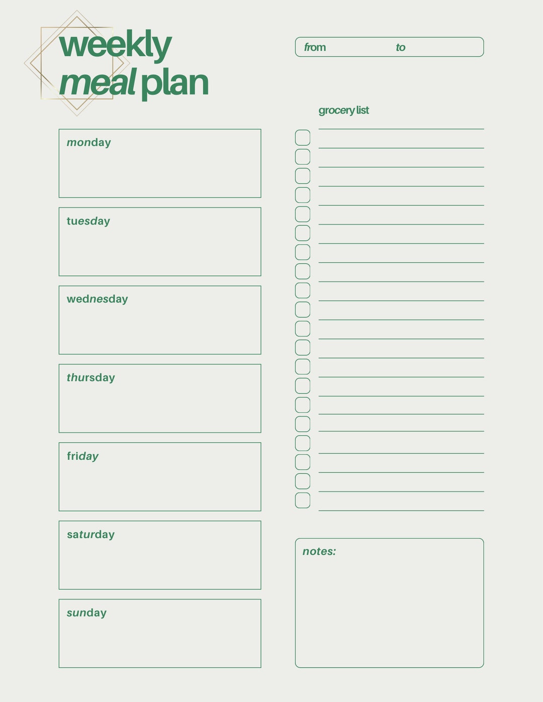 Simple Modern Weekly Meal Plan Digital Print - Etsy