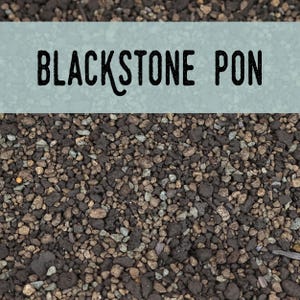 May include: A collection of small, coarse Blackstone Pon volcanic rock granules in shades of dark gray, charcoal, and brown. The text BLACKSTONE PON is printed in a bold, black, sans-serif font across a light blue rectangular overlay.