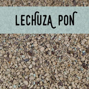 May include: A close-up of small, light brown and gray pebbles. The text "LECHUZA PON" is displayed in black letters on a light blue rectangular background.
