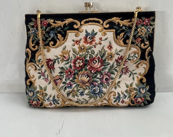 Vintage Tapestry Clutch Clasp Closure Evening Bag Unique Gold Chain Strap Made by Debonair Babsi