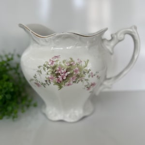 Vintage White Porcelain Pitcher With Pink Floral Design Ornate Handle Ironstone Home Decor Gift
