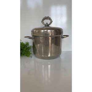 Vintage Silver Plate Ice Bucket With Ornate Lid & Handles Yellow Liner For Insulation