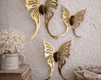 Vintage Brass & Wood Butterfly Wall Art - Mid Century Modern Set of 3