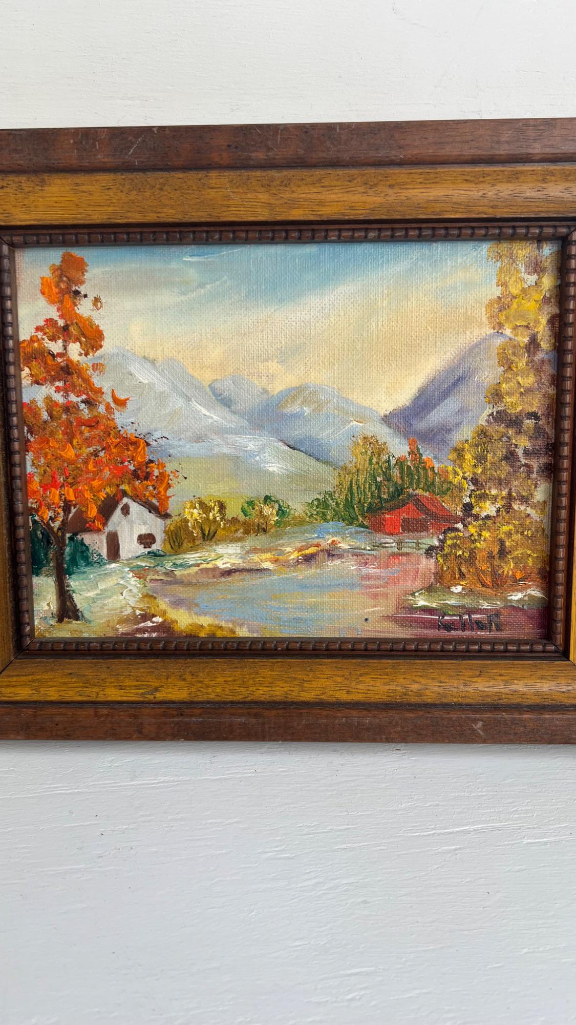 ヴィンテージの山と川の油絵：木製フレーム入りのサイン入り風景画