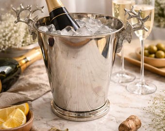 Silver Stainless Stag Head Champagne Ice Bucket With Ornate Deer Handle Design