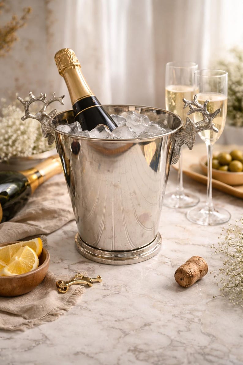 May include: A silver champagne bucket with ice holds a bottle of champagne. The bucket has deer antler handles. Two champagne flutes and a cork are also visible, suggesting a celebratory theme.