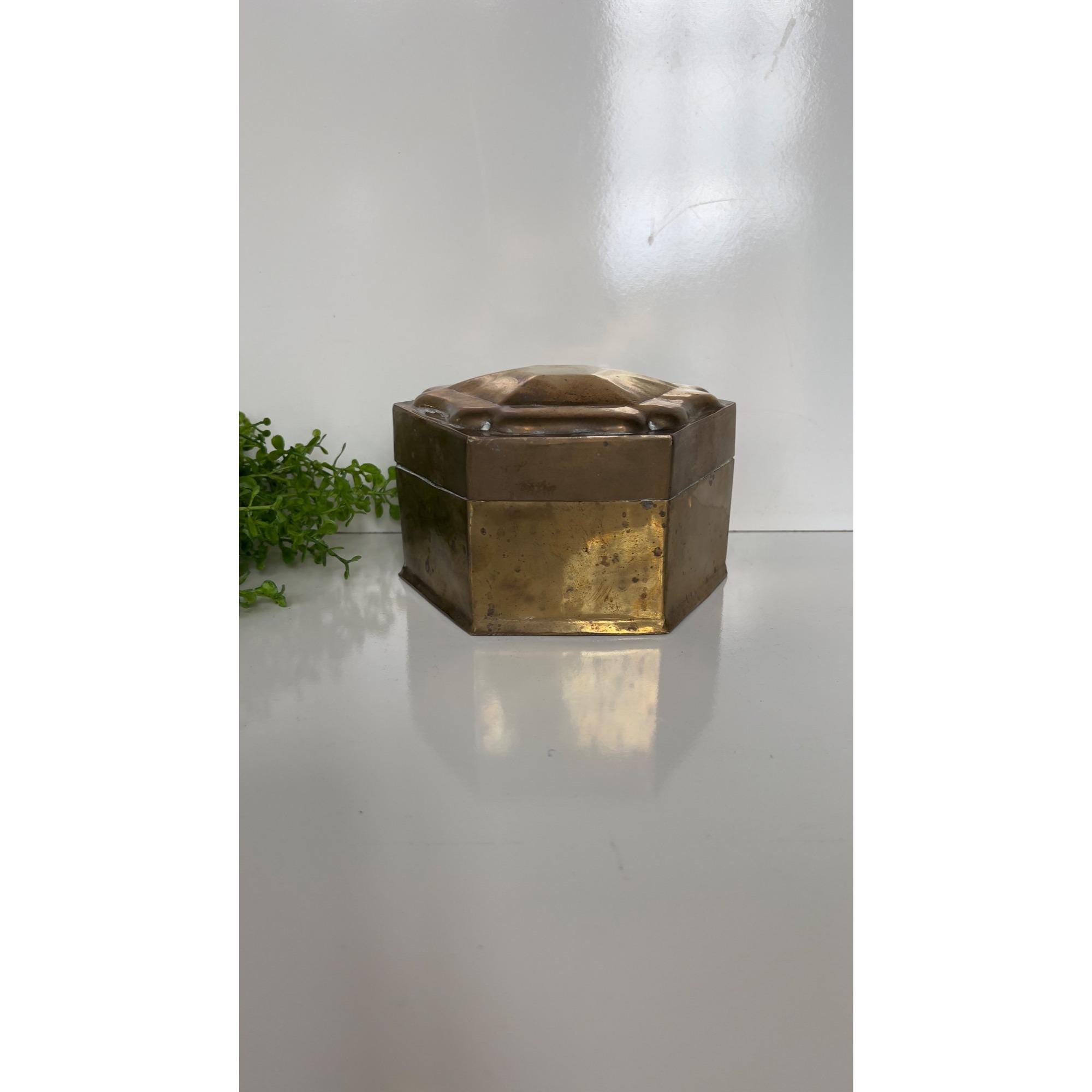 Vintage Hexagonal Vintage Brass Trinket Box With Hinged Lid For Jewelry Or Keepsakes