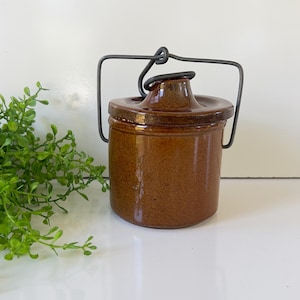Vintage Brown Stoneware Crock With Handle & Lid